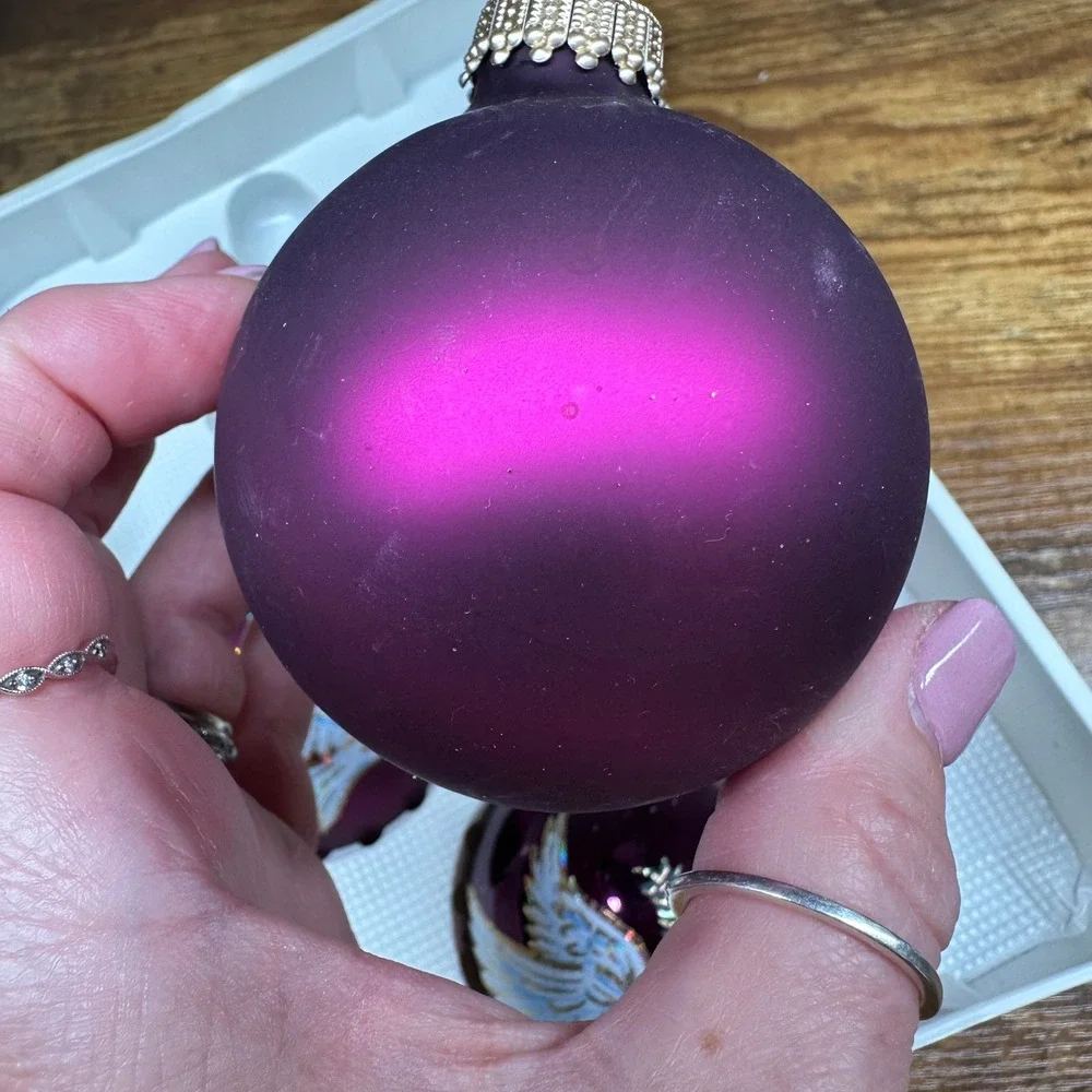 Christmas by Krebs Glass Ornaments Purple Plum Dove of Peace Set of 4 USA Made